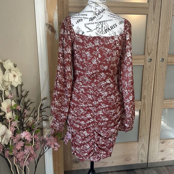 Ambition Women Autumn Floral Long Sleeve Rouched Midi Dress Semi Sheer Size S - Picture 7 of 12